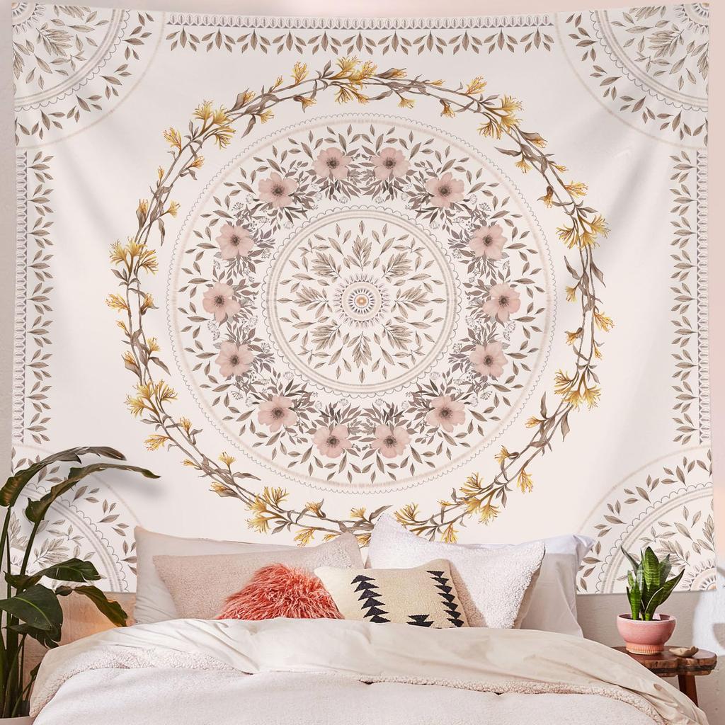 Bohemian Mandala Tapestry, Intricate Floral Design In Warm Orange & Brown Hues, Wall Art for Cozy & Eclectic Rooms