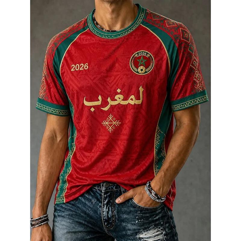 Bobby3 2026 Marokko Voetbal Fans T-shirt Heren Rood Letterprint Korte Mouw T-shirt Team Voetbal Supporter Casual Sportshirt Top 6XL