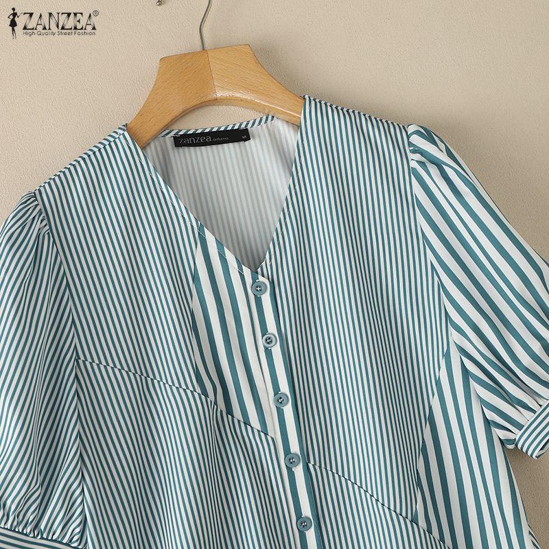 ZANZEA Women Casual V-Neck Loose Half Sleeve Stripe Blouse