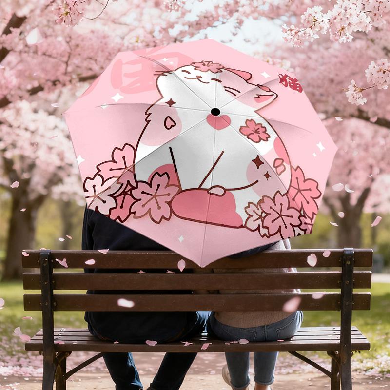 1pc Cherry Blossom Cat Automatic Folding Umbrella 8 Rib Iron Frame,  Suitable for Travel, Daily Use, Birthday, Women & Men Gift c1231073