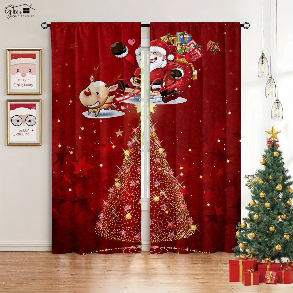 2-Piece Christmas Decor Drapes Fireplace Christmas Tree Cartoon Print Design Bedchamber Dining Room Party Decoration Curtains