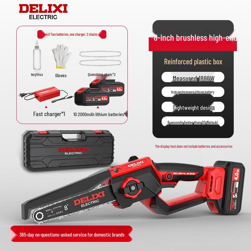 Delixi Cordless Brushless Electric Chainsaw: High-Power, Handheld Lithium Battery Saw for Home Tree Cutting.