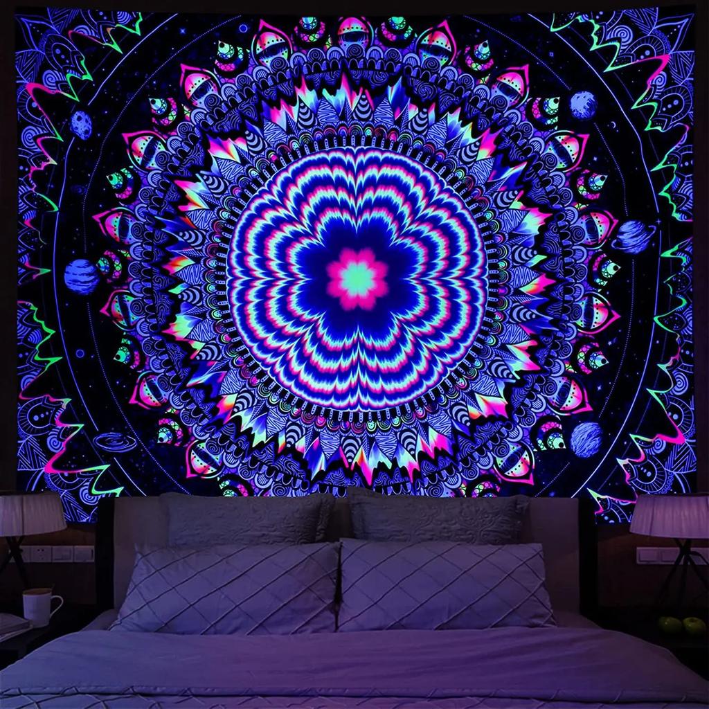 Psychedelic Black Light Mandala Fluorescent Tapestry Buddha Uv Reactive  Wall Hanging Hippie  Room Decoration