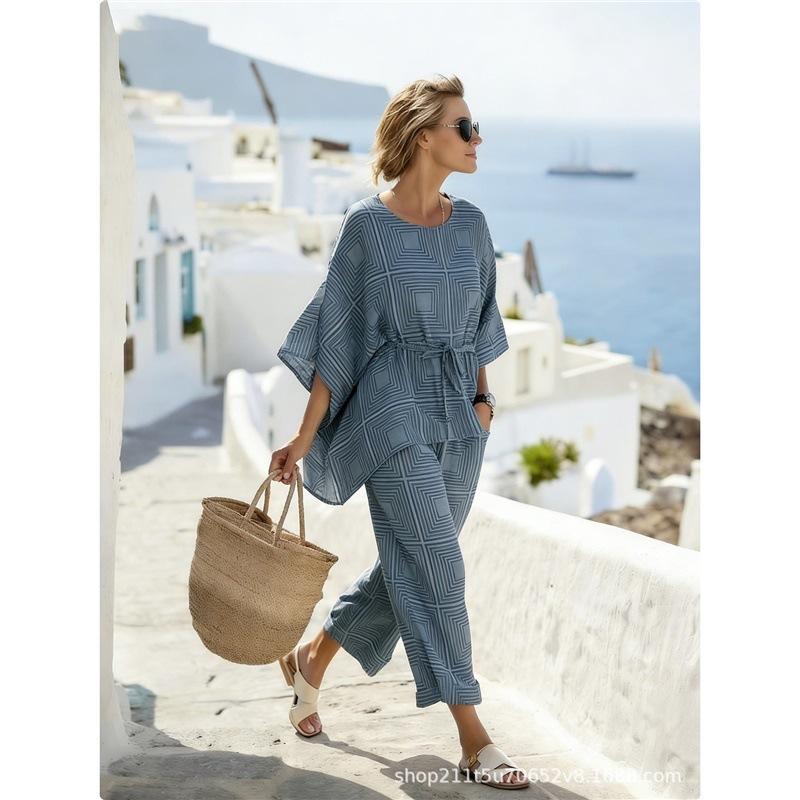 Y1 Women's Clothing, Bohemian Printed Crew Neck Medium Sleeve Set 1116 Summer Comfortable Casual Two-piece Set Europe and America