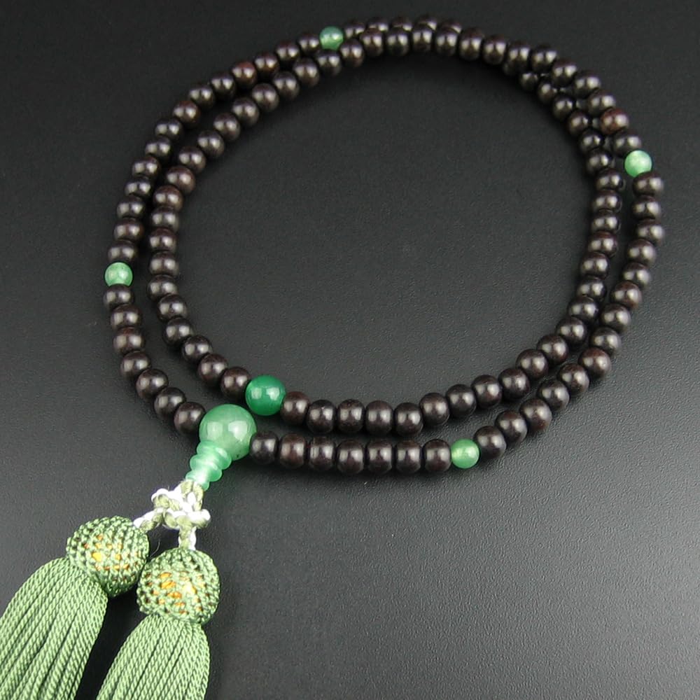 [WONDERFUL LOTUS Myorenka] Myorenka Rinzai Buddhist Prayer Beads for Women, Formal, Ebony and Indian Jade Finish, 8 Inches, Includes Prayer Beads