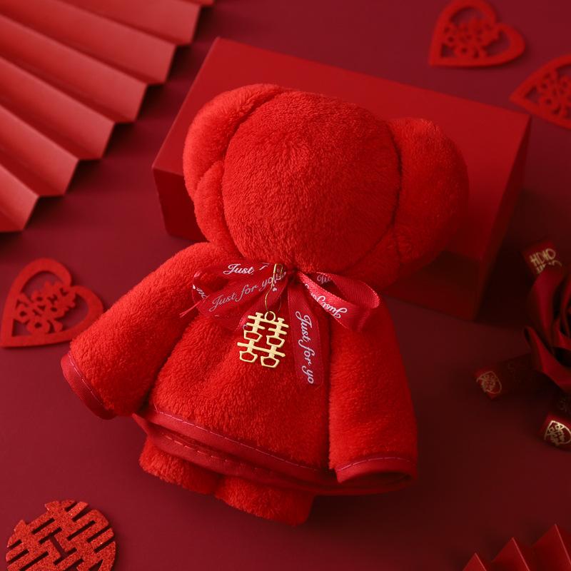 Coral Fleece Wedding Big Red Towel Wedding Happy Event Hand Towel Happy Character Pearl Bear Couple Red Towel