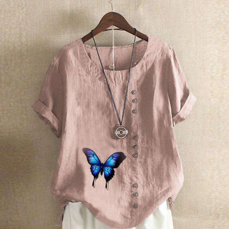 Camiseta de manga corta con cuello redondo para mujer, blusa informal de lino y algodón con estampado de mariposas, holgada y de verano