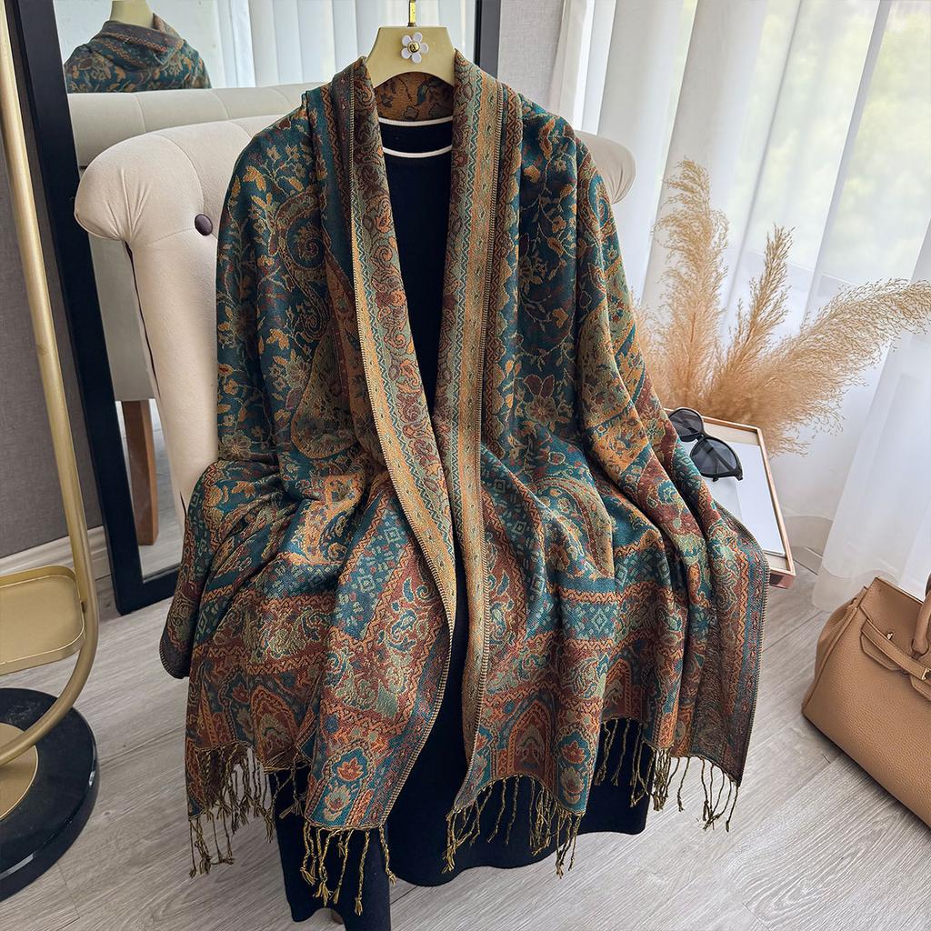 National Style Popular Cashew Print Hanging Beard Fringed Long Scarf Women's National Style Imitation Cashmere Scarf Elegant Shawl