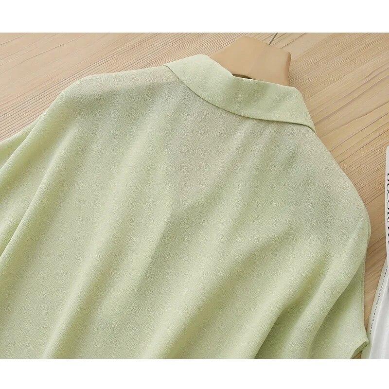 Solid Color Loose Simple Clothes Women Blouse Summer Silk Tops Elegant Office Lady Short Sleeve Polo-Neck Shirt Blusas 27817