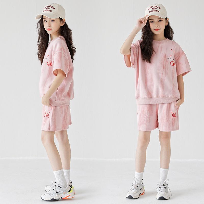2025 Korean Style Girls' Tie-Dye Short Sleeve Pants Set - Fashionable Big Kid Sports Two-Piece Outfit