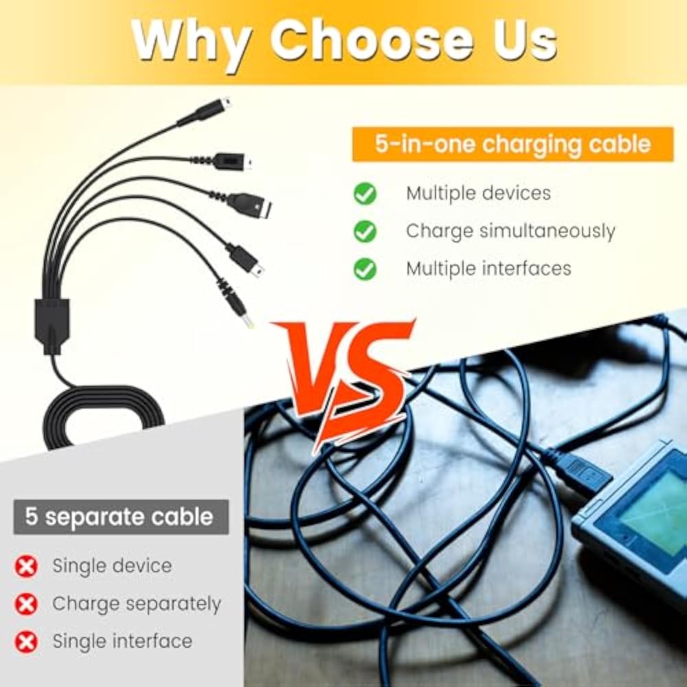 5in1 USB Charging Cable 1.2M for Nintendo New 3DS (XL/LL), 2DS, DSi (XL/LL), Wii U, PSP 1000/2000...