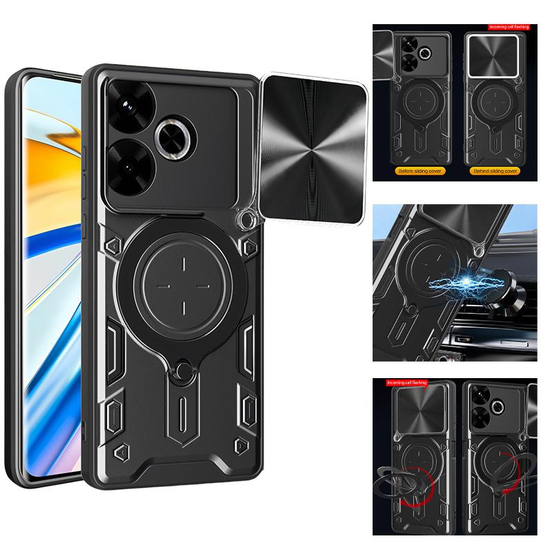 For Xiaomi Poco M6 4G Case Slide Lens Armor Phone Case For Poko Little M 6 Pocco M6 PocoM6 Car Magnetic Ring Holder Back Cover