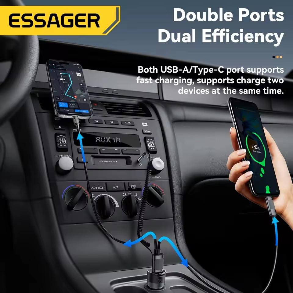 Essager Bluetooth 5.3 Car Charger 3.5mm Jack AUX Cable 35W Fast Charging For iPhone16 15 Huawei Samsung Bluetooth Car Chargers