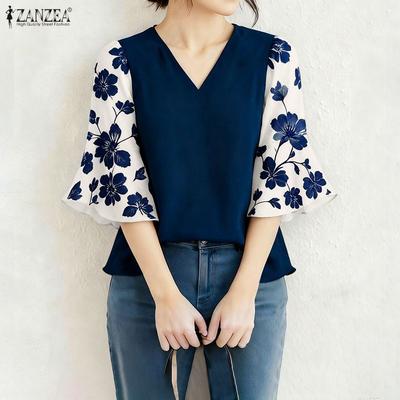 Women Casual V-Neck Print Splice 3/4 Sleeve Loose Blouse