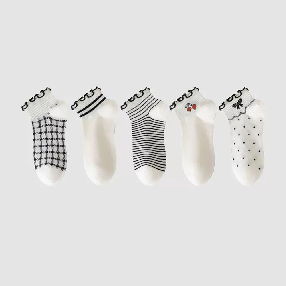 

5 пар женских белых носков с оборками, милые полосатые носки Y2k Harajuku Lolita, хлопковые носки для девочек, носки с бантом One Size