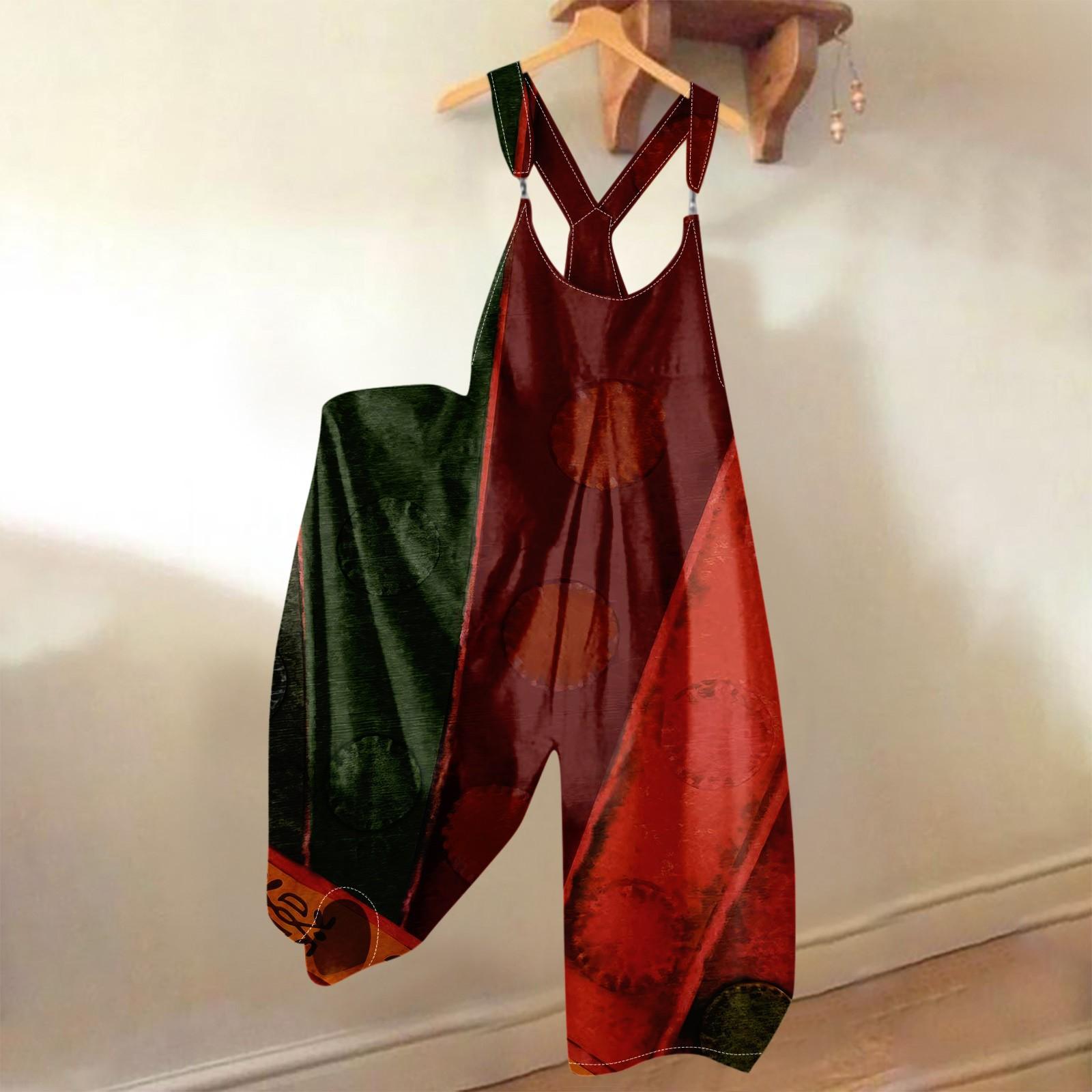 

Women s Summer Overalls Floral Print Vintage Jumpsuit (Non-Adjustable Straps) XXL червоний