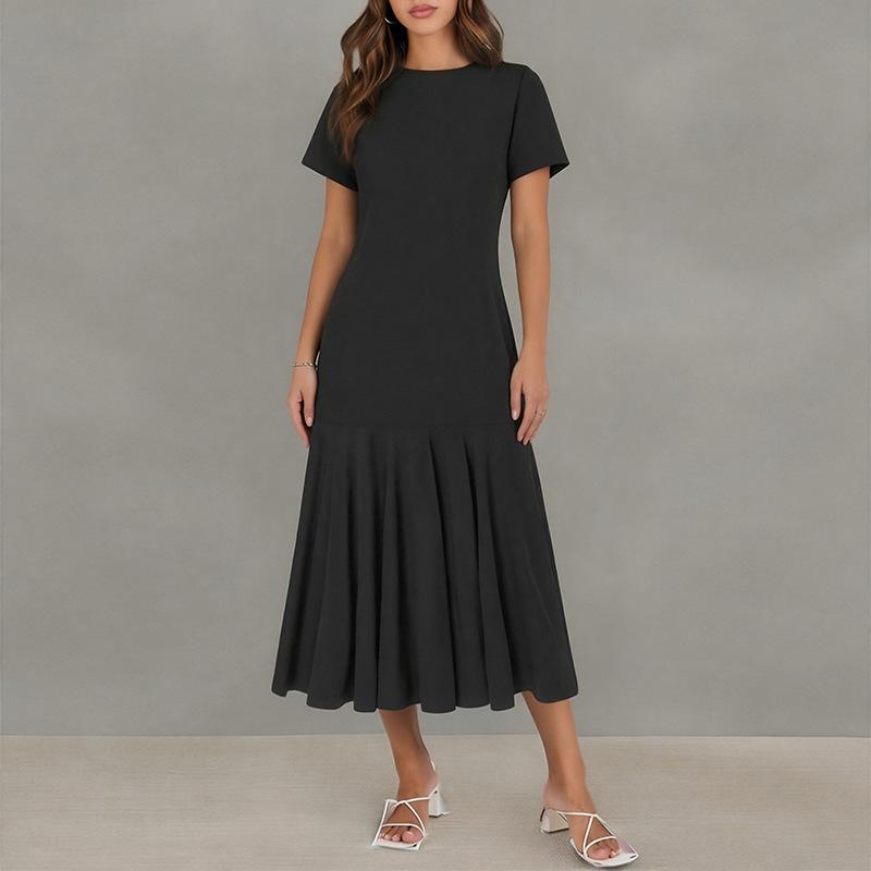 Spring new women s clothing, fashionable and elegant solid color splicing pleated slim dress S