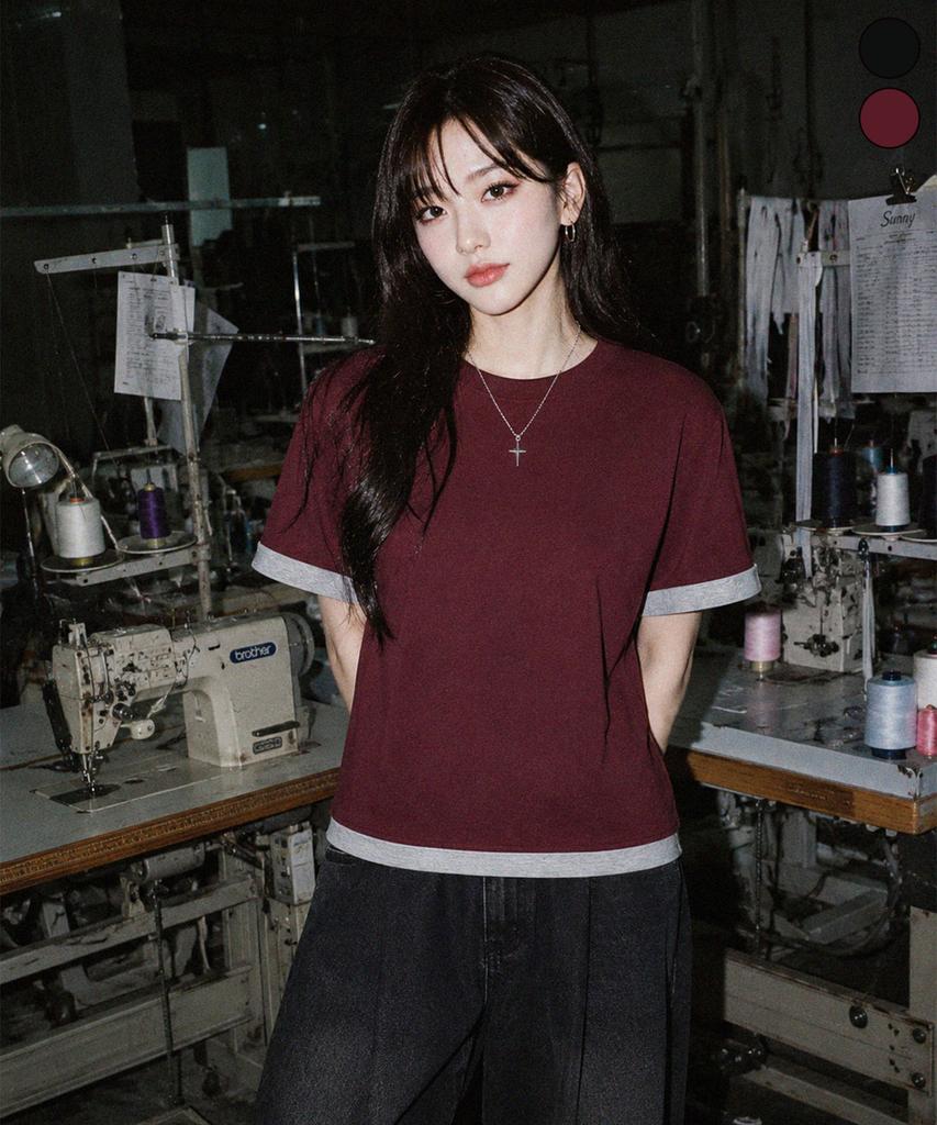 Yosemiti Color Block Roll-Up Layered Short Sleeve Tee Yt-3Y31