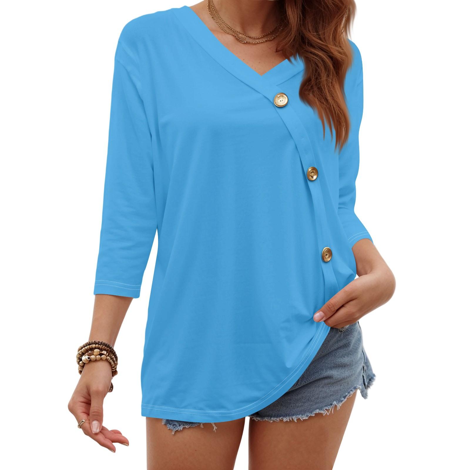 

Женская модная повседневная блузка с рукавом три четверти, однотонная, на пуговицах, с круглым вырезом XXL