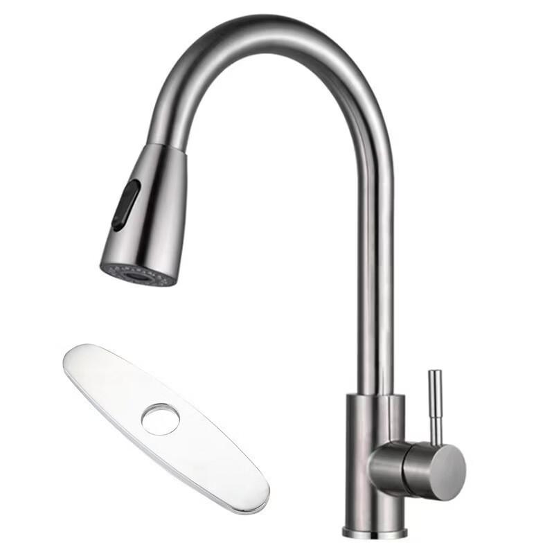 Yuzhuxun 304 Brushed Stainless Steel Wall-Mounted Pull-Out Kitchen Faucet
