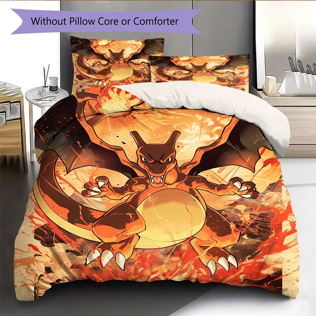Pokémon Charmander Pattern Bedding Home Decoration Birthday Gift (1 * Duvet Cover + 2 * Pillowcase, Without Core)