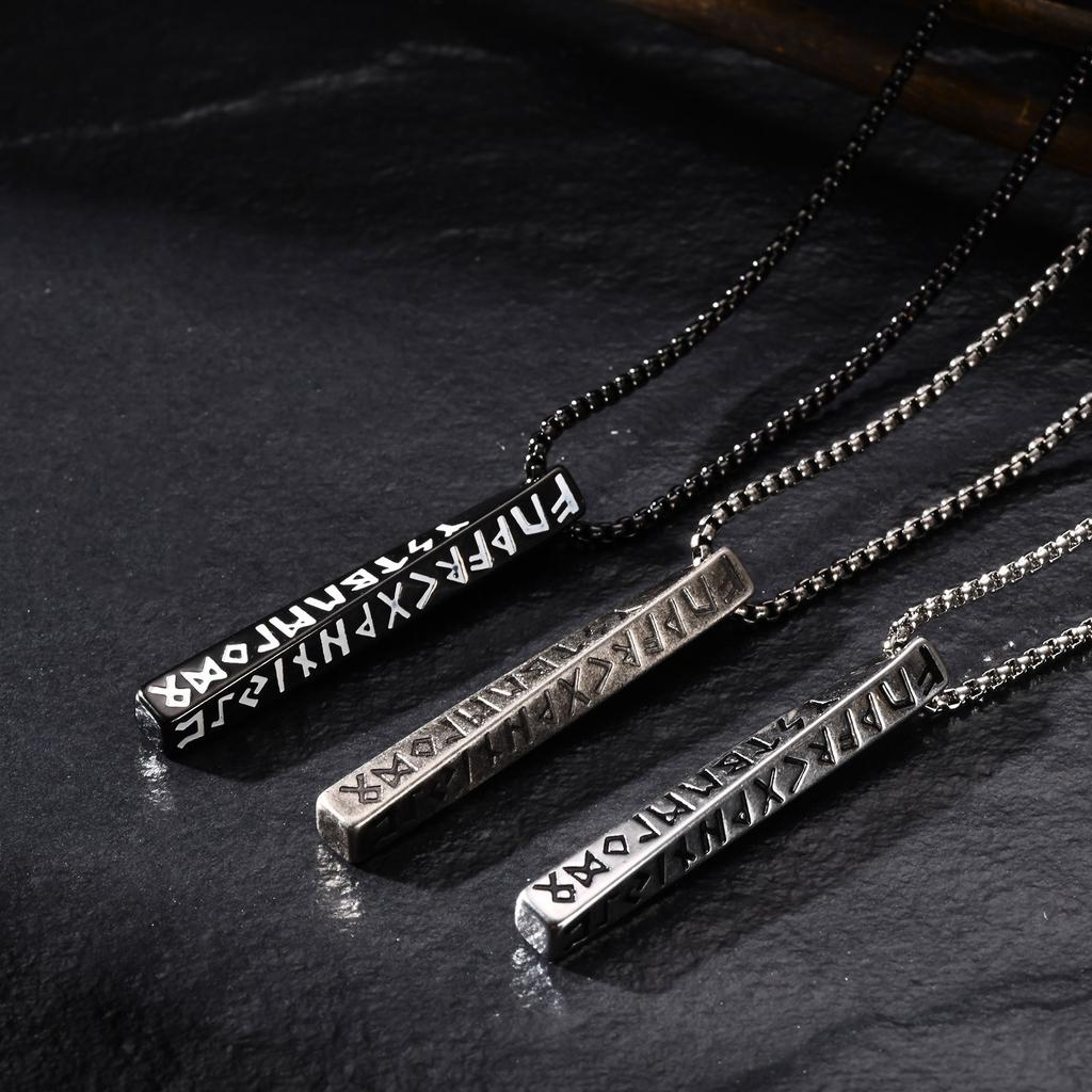 Vintage Nordic Viking Rune Pendant Necklace for Men Stainless Steel Twisted Bar Jewelry