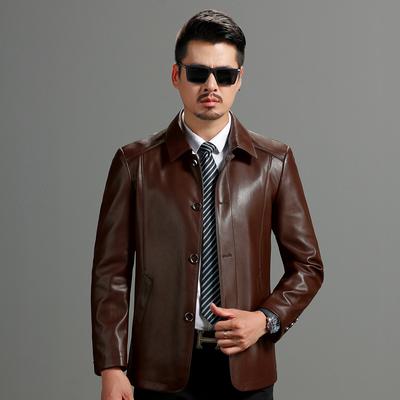 New Genuine Leather Jacket for Men with Lapels Short Leather Jacket for Middle-aged and Elderly Spring and Autumn Fathers Plush and Thickened Jacket