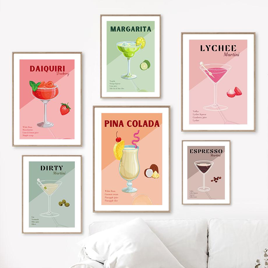 Cocktail Espresso Lemonade Wall Art Canvas Painting Retro Drinks Posters And Prints Pictures For Drink Shop Bar Room Decoration