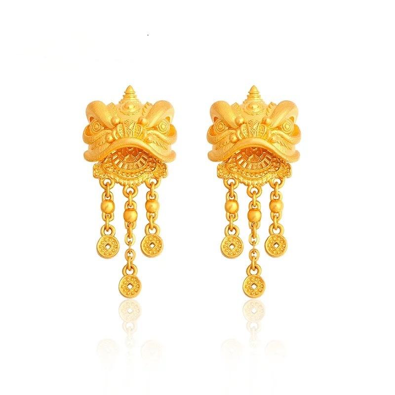 

Women s 24K Gold (AU999) Lion Dance Tassel Earrings | Openwork Lion Pattern, Micro-diamond Glow with Magnetic Closure золотой