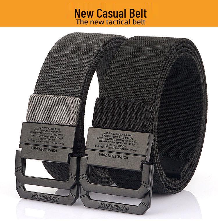 Unisex Black Metal Double Ring Buckle Elastic Canvas Belt for All Seasons