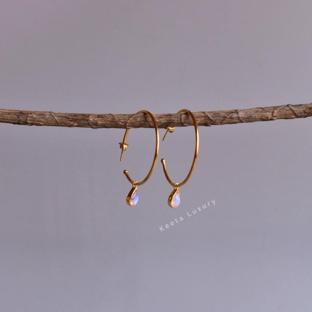 Natural Moonstone earrings , 14k Gold handmade earrings For women , Moonstone hoops earring Healing gemstone earrings , Unique Gifts idea