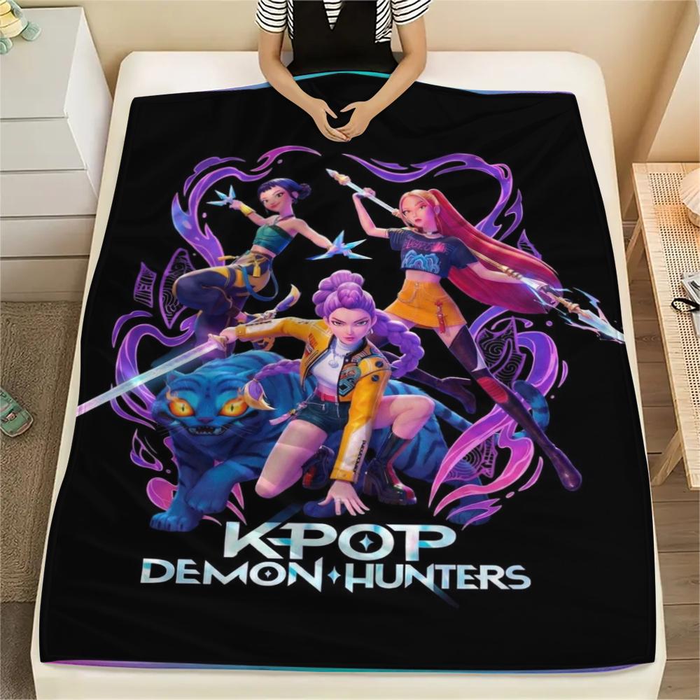 1Pc Kpop Demon Hunter Print Flannel Blanket, High quality Comfortable for All Seasons, Home Decor, Warmth and Comfort, Perfect for Gifts