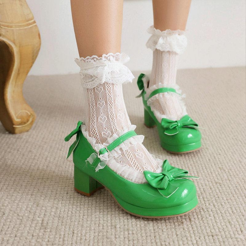 Girls High Heels Woman Heel Lolita Shoes Patent Leather Bow Mary Jane Pumps Women Wedding Cosplay Party Shoe Red Pink Black30-43