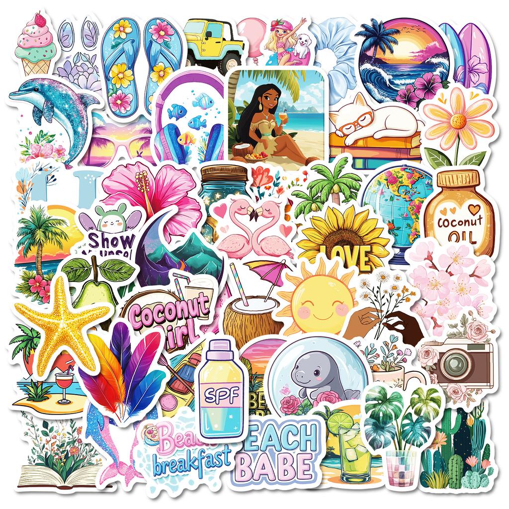 50 Beach Style Series Pp Waterproof Decorative Stickers Children'S Rewards Stickers Toys Diy Diary Handbook