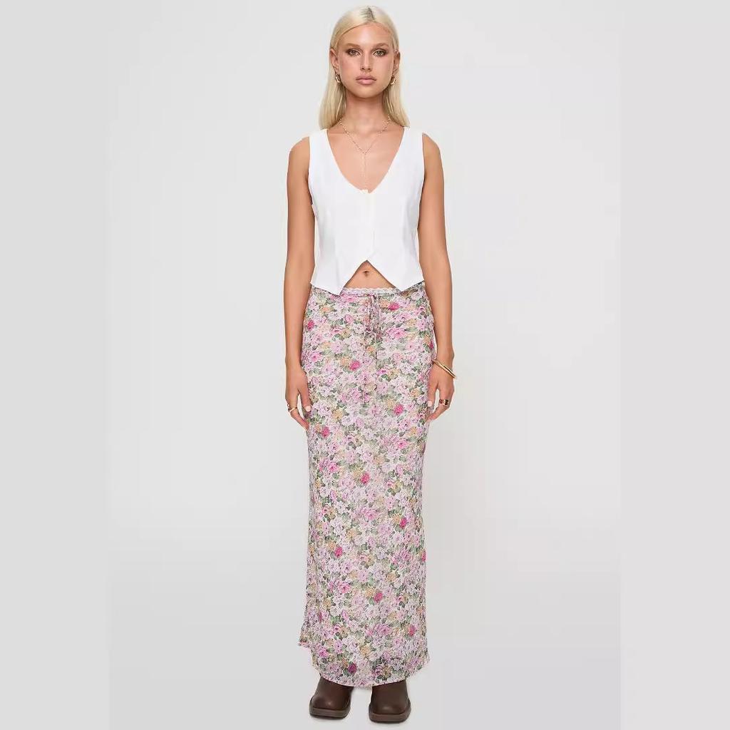 Floral Print Lace Long Skirt for Women Elegant Stylish Bodycon Tie High Waist Maxi Skirt Summer Breathable Lightweight Soft Comfy Vacation Skirt