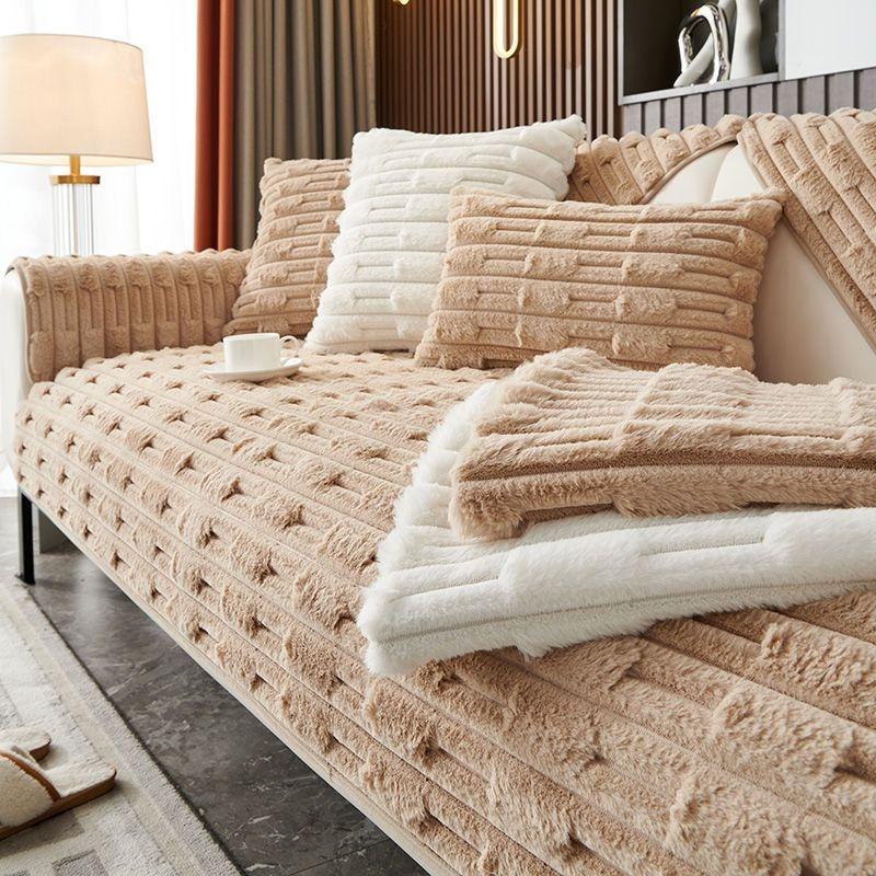 Black Plush Sofa Cushion Thick  Warm Sofa Cover Throw Pillowcase Living Room Winter Universal Seat Cushion Anti Slip Cover Cloth Slipcover Cushion