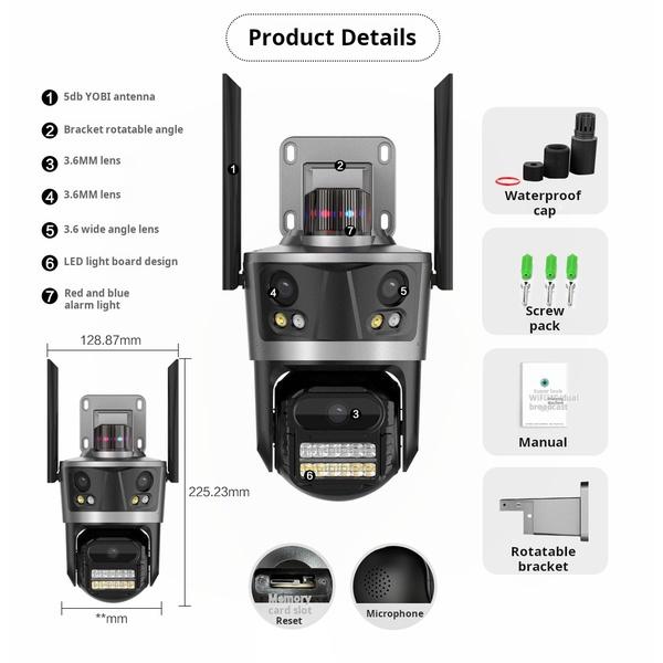 6K 12MP IP Outdoor Three Lens Wifi Surveillance Protection Auto Tracking PTZ Security CCTV Camera