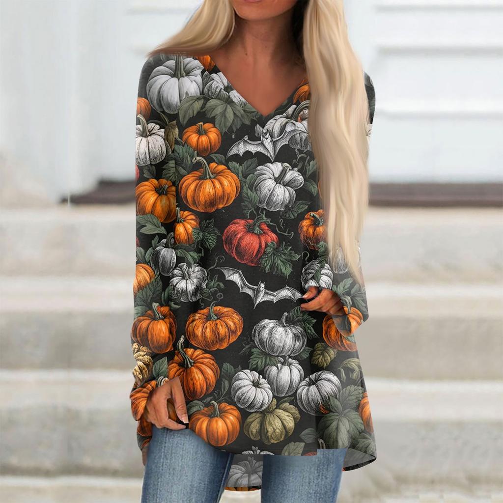 Dámské módní a ležérní tričko s halloweenským potiskem, s dlouhým rukávem, výstřihem do V, středně dlouhé