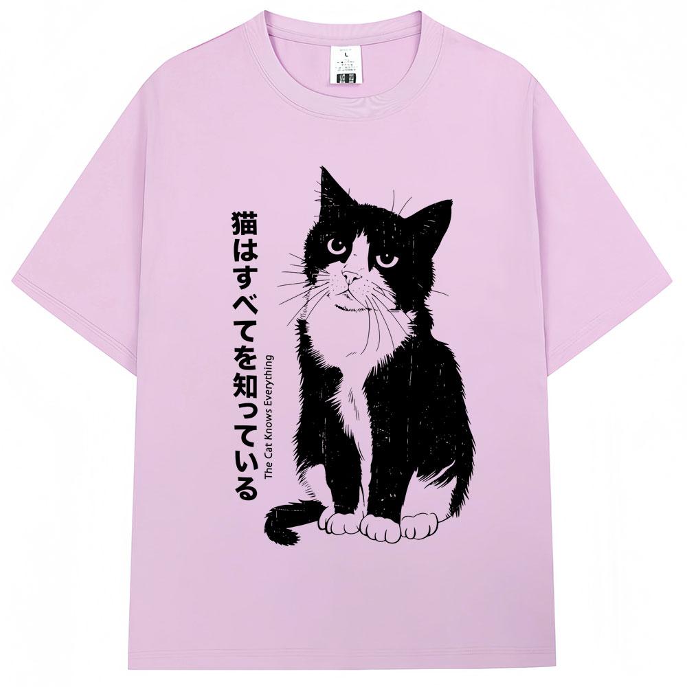Japanese Style Funny Black Kawaii Cat Anime T Shirts Men Women Trendy Vintage Harajuku Tshirt Oversized Cotton Tees Streetwear