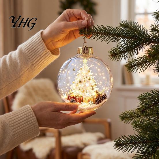 Glowing Christmas Tree Ornaments Lighted Ball Ornaments, 3D Miniature Scene Hanging with Warm LED Led Globes Light, Clear Acrylic Bauble Decoration