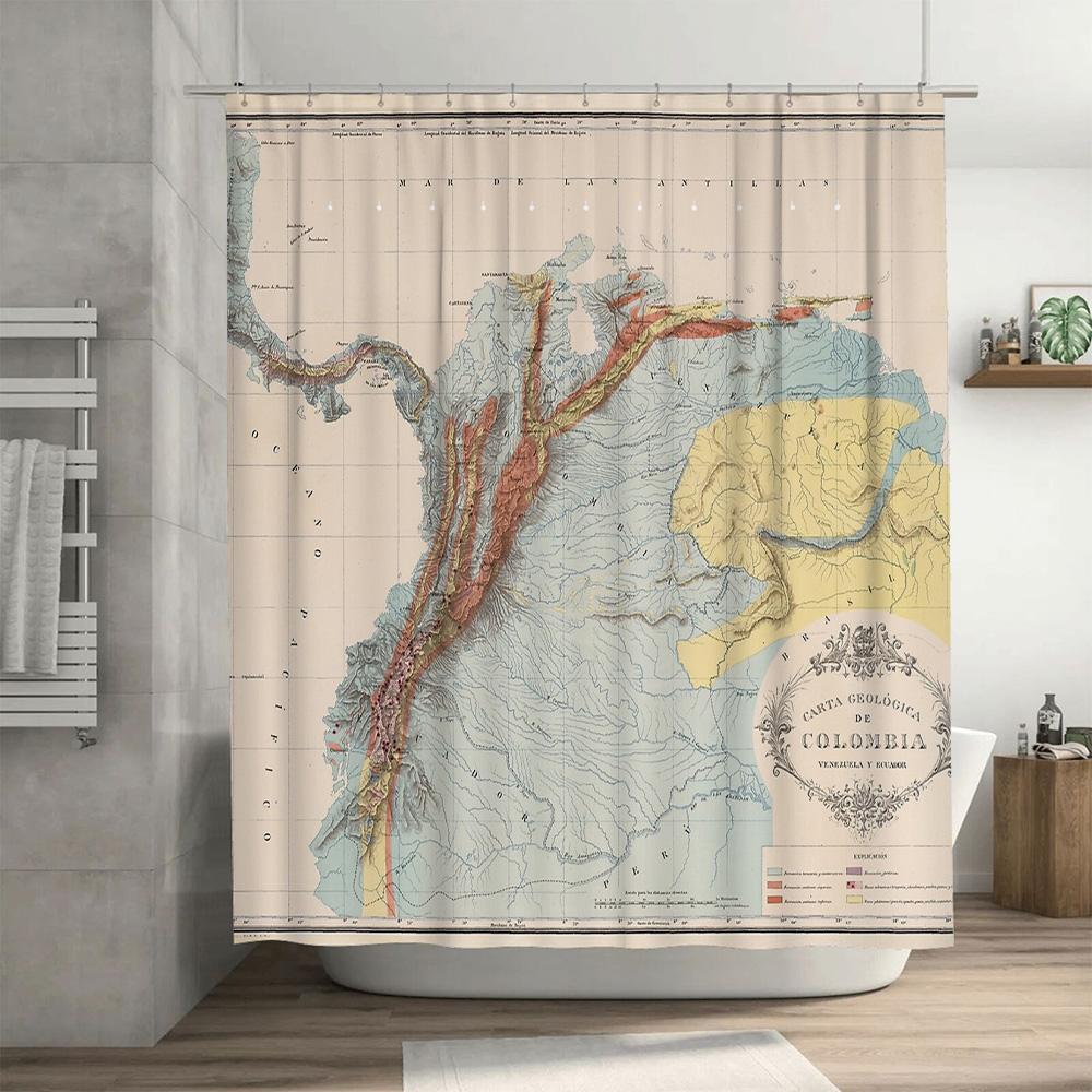 Tenda da Doccia Mappa Geologica Vintage Regione Montuosa delle Ande Arredo Scientifico Retrò Set da Bagno Paesaggio Naturale Artistico