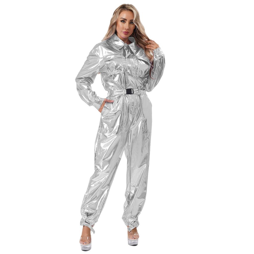 Damski Błyszczący Kombinezon Body Metaliczny Kombinezon Długi Rękaw Kołnierzyk Klapowy Wysoka Talia Kostium na Imprezę Halloweenową