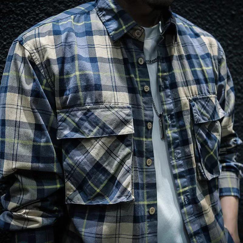 Men's Casual Japanese-Style Plaid Shirt - Long-Sleeved, Handsome, Versatile, Loose Fit Fashion for Students