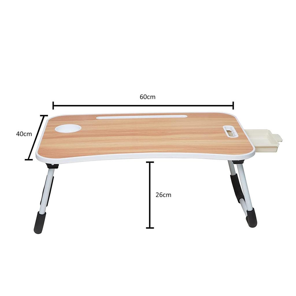Klappbarer Laptop-Tisch aus Holzwerkstoff mit Getränkehalter, Tabletfach und Mini-Schublade (60L x 40B x 26H cm, Braun)