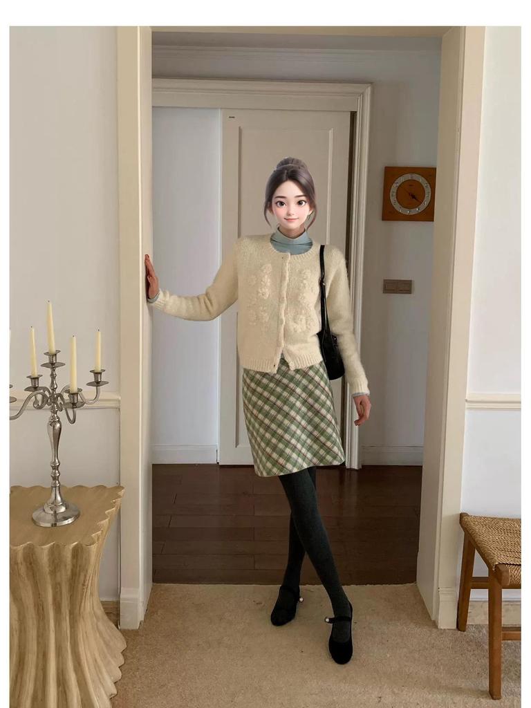Korean Style 2025 Autumn/Winter Retro Green Plaid Skirt