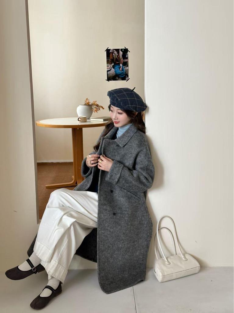 New Korean Style Double-Breasted Candy Color Wool Coat with Peter Pan Collar for Girls - Autumn/Winter Collection.