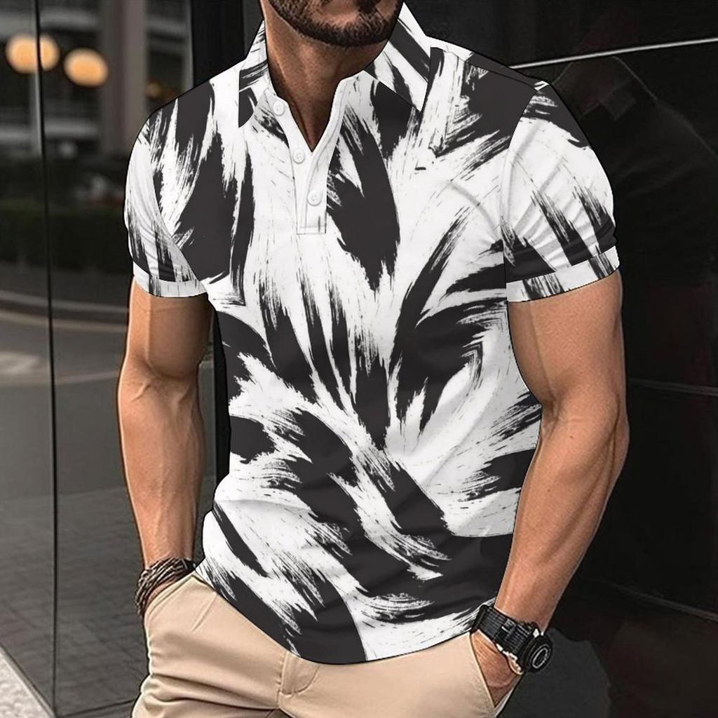 Trendy short-sleeve polo shirt with abstract line print, perfect for casual daily wear.