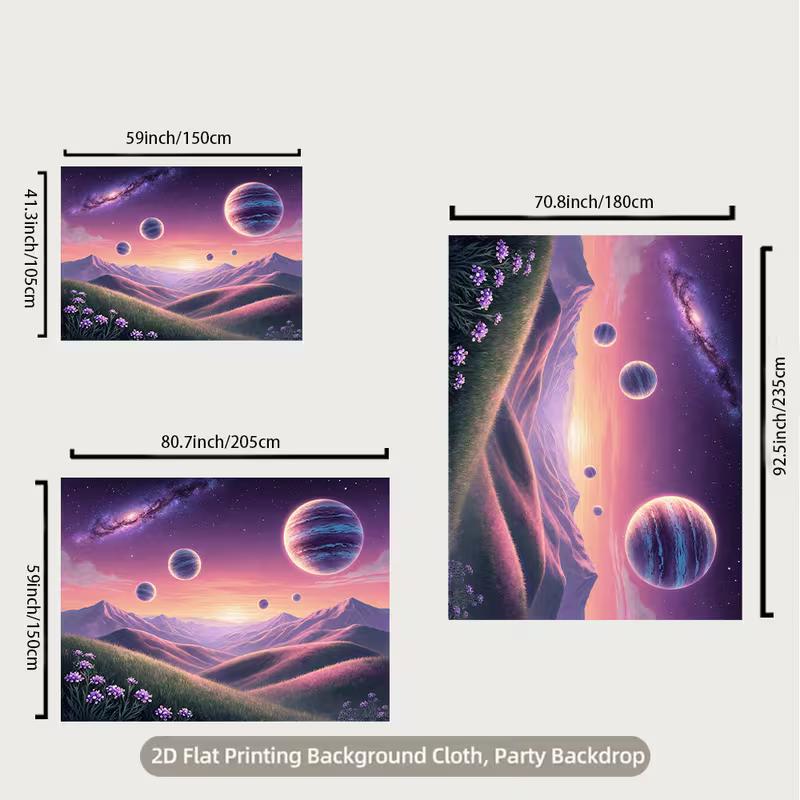 2D flaches Galaxie-Banner, Lila Sternenhimmel und Planeten-Szene für Party- & Studio-Hintergrund
