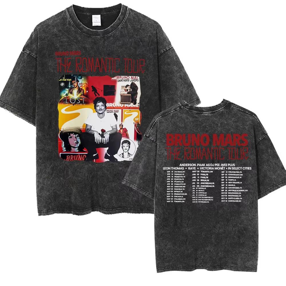 Bruno Mars The Romantic Tour 2026 Vintage Gewassen T-shirt Mannen Vrouwen Mode Hip Hop Pop Muziek T-shirt Zomer Casual Katoenen T-shirt