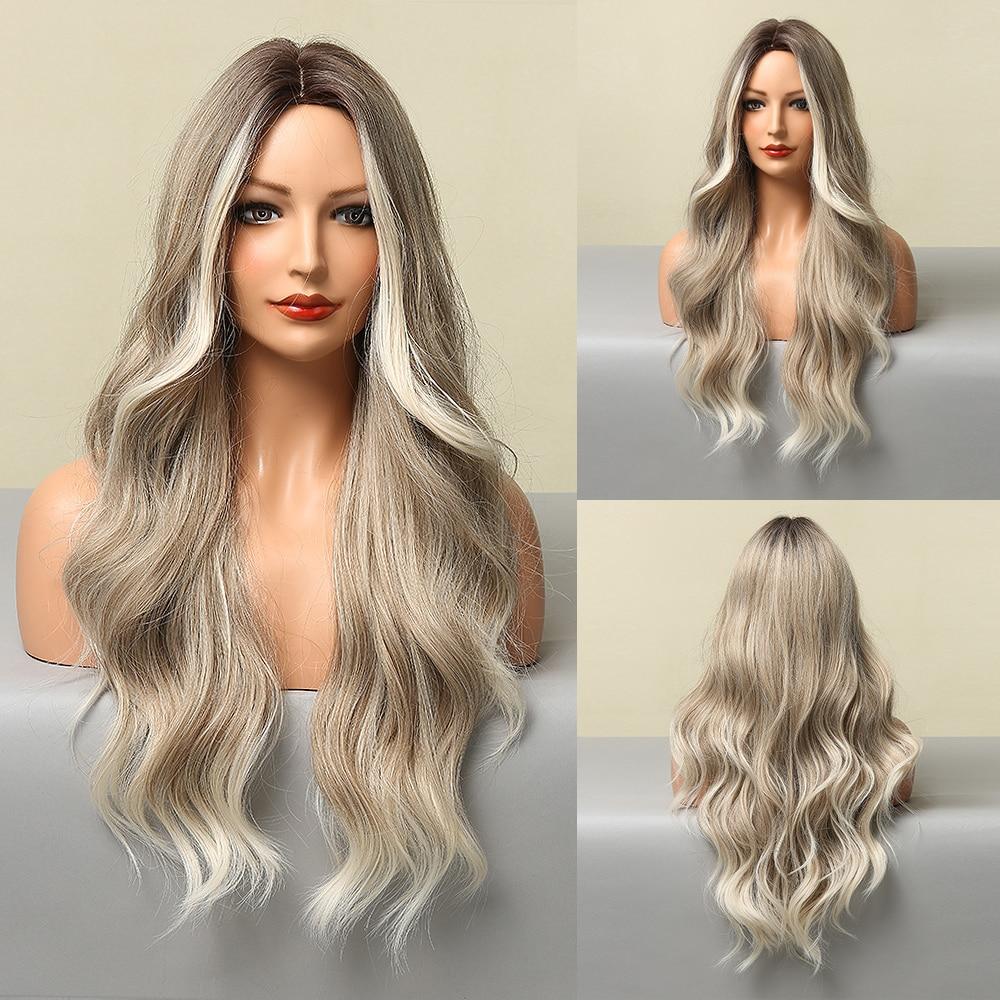 EASIHAIR Long Honey Brown Ombre Highlight Synthetic Wigs for Women Mixed Brown Wavy Natural Wigs Middle Part Cosplay Wigs Heat Resistant